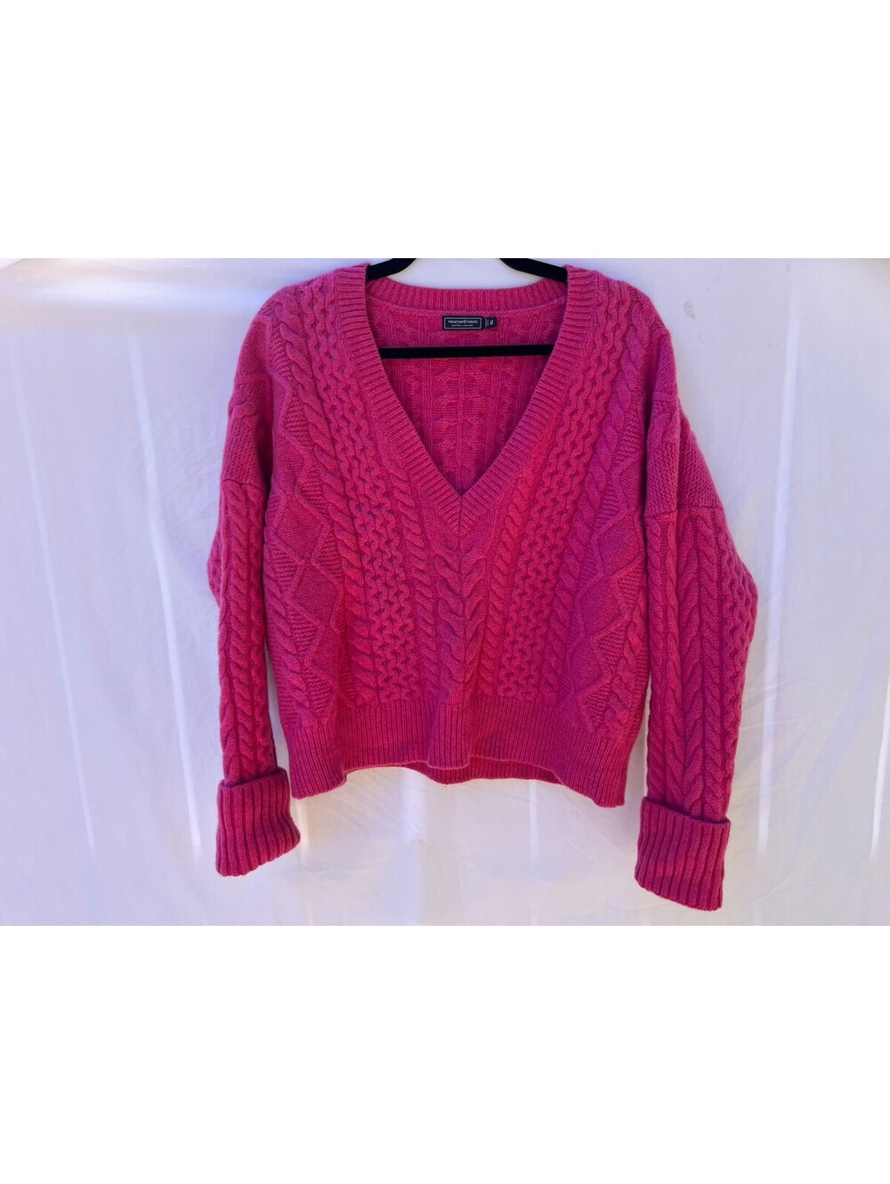 Vineyard Vines 100% Merino Wool Cable Knit V Neck Sweater Pink XL
